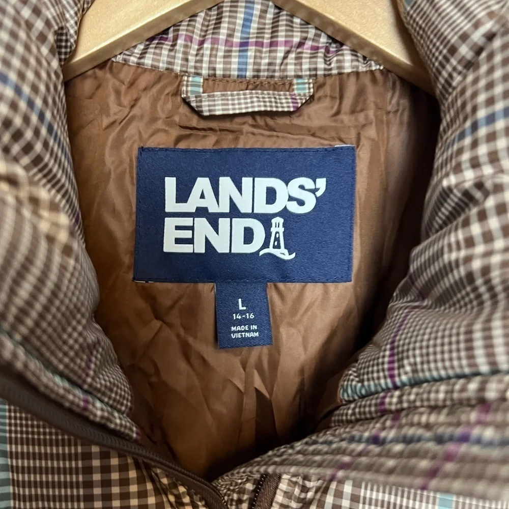 Lands End Down Vest 600 Fill Plaid Brown Size Large